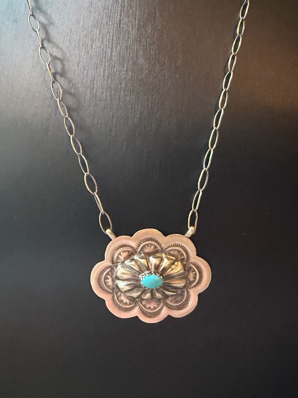 Lavina Benally Navajo Turquoise Concho Pendant Necklace - Sterling Silver
